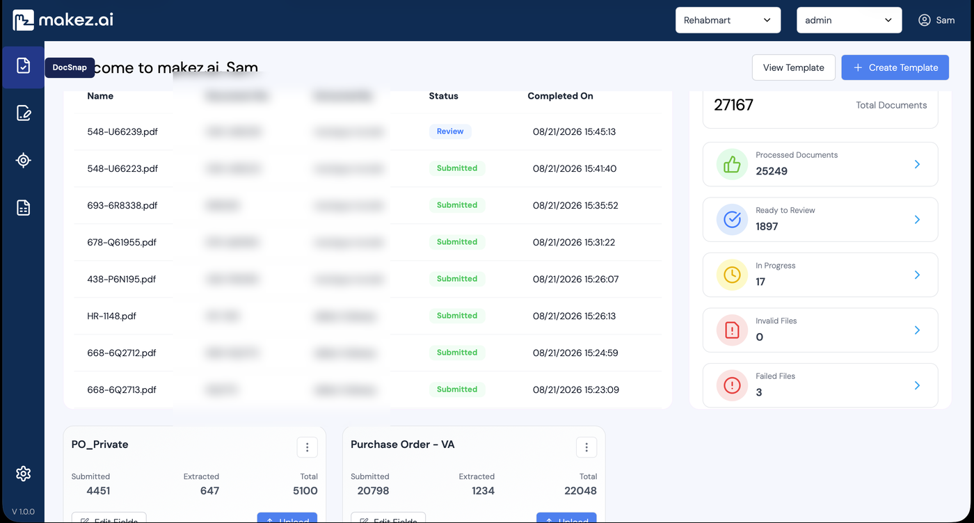 Rehabmart purchase order and invoice workspace inside Makez.ai