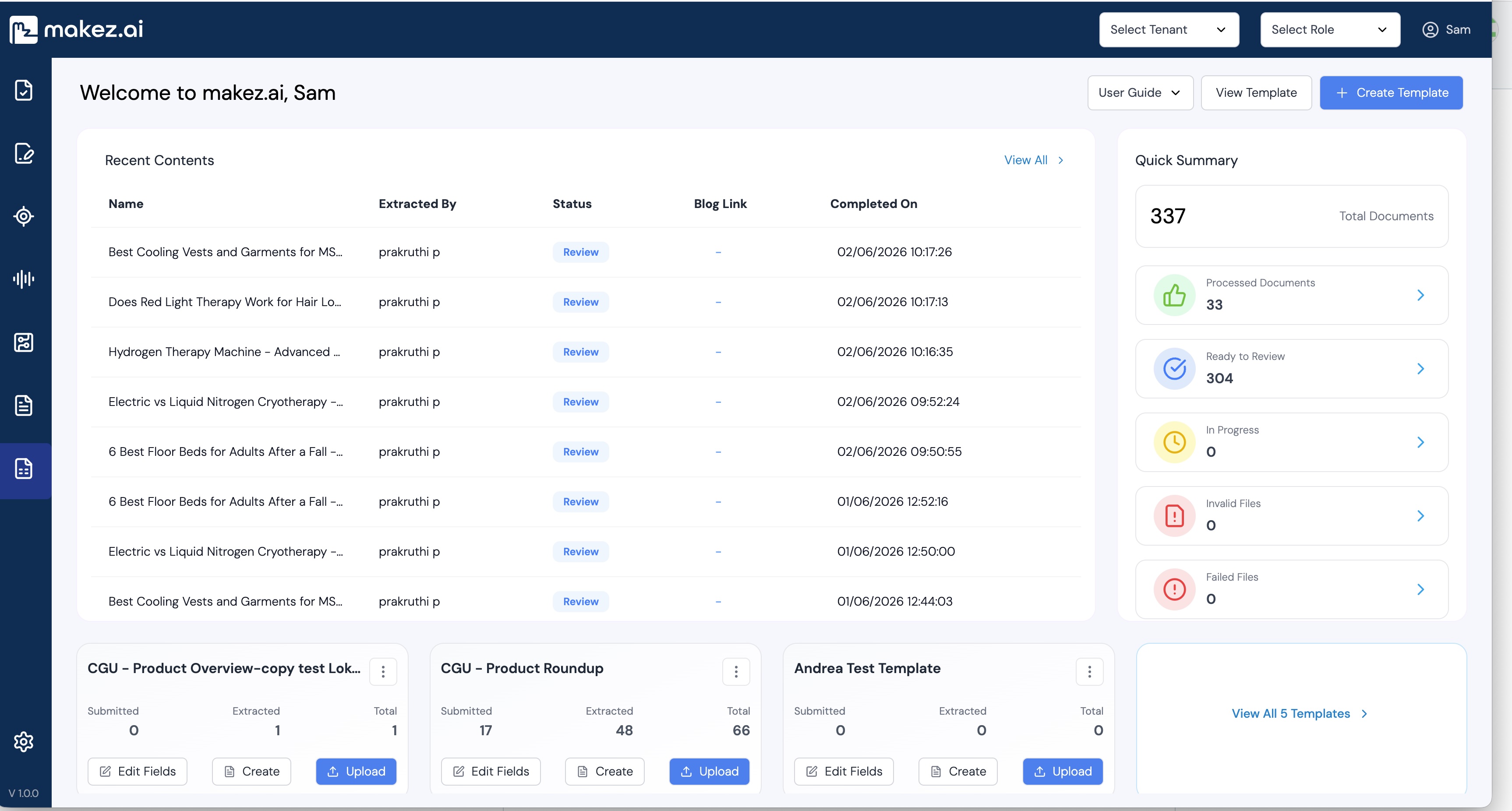 Blog Generation Agent - Makez platform dashboard